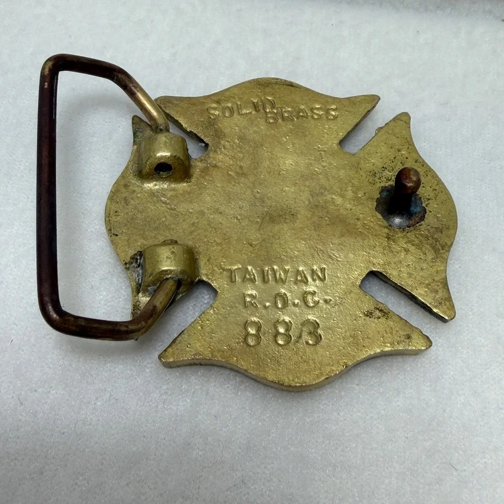 Vintage Solid Brass Firefighter Maltese Cross Belt Buckle Taiwan ROC 883